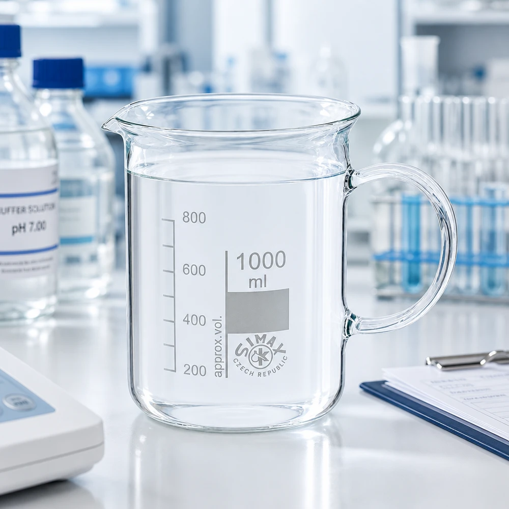 Becherglas 1000ml Borosilikatglas, mit Henkel Chemiebecher 1000ml mit Henkel neben pH-Pufferlösung und Klemmbrett im Laboralltag