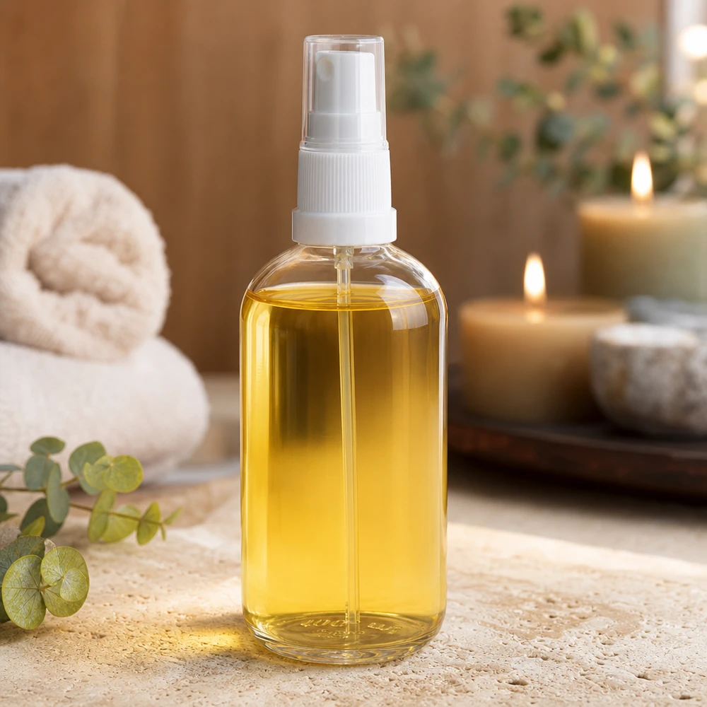 100ml Sprayflasche weiß/transparent Standardverschluss ClearLine UT18/100 100ml Flasche ClearLine UT18 befüllt goldgelbes Pflegeöl Massageanwendung Wellness
