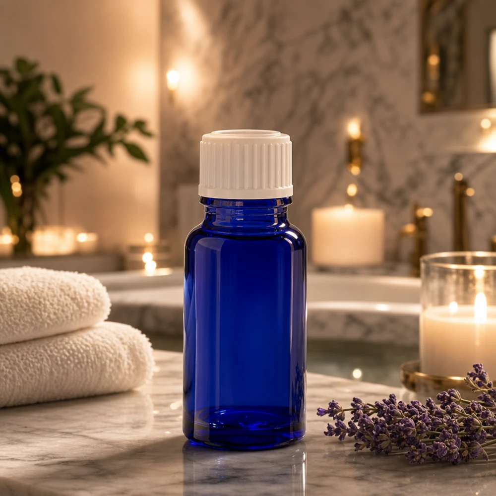 Professionelle blaue 10ml Pharmaglasflasche mit weißem Verschluss in Wellnessumgebung