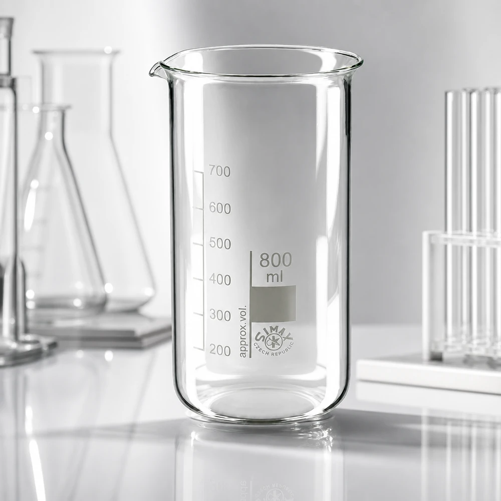 Becherglas 800ml Borosilikatglas, hohe Form Becherglas 800ml hohe Form Produktfoto Seitenansicht mit sichtbarem Ausguss und Skalierung