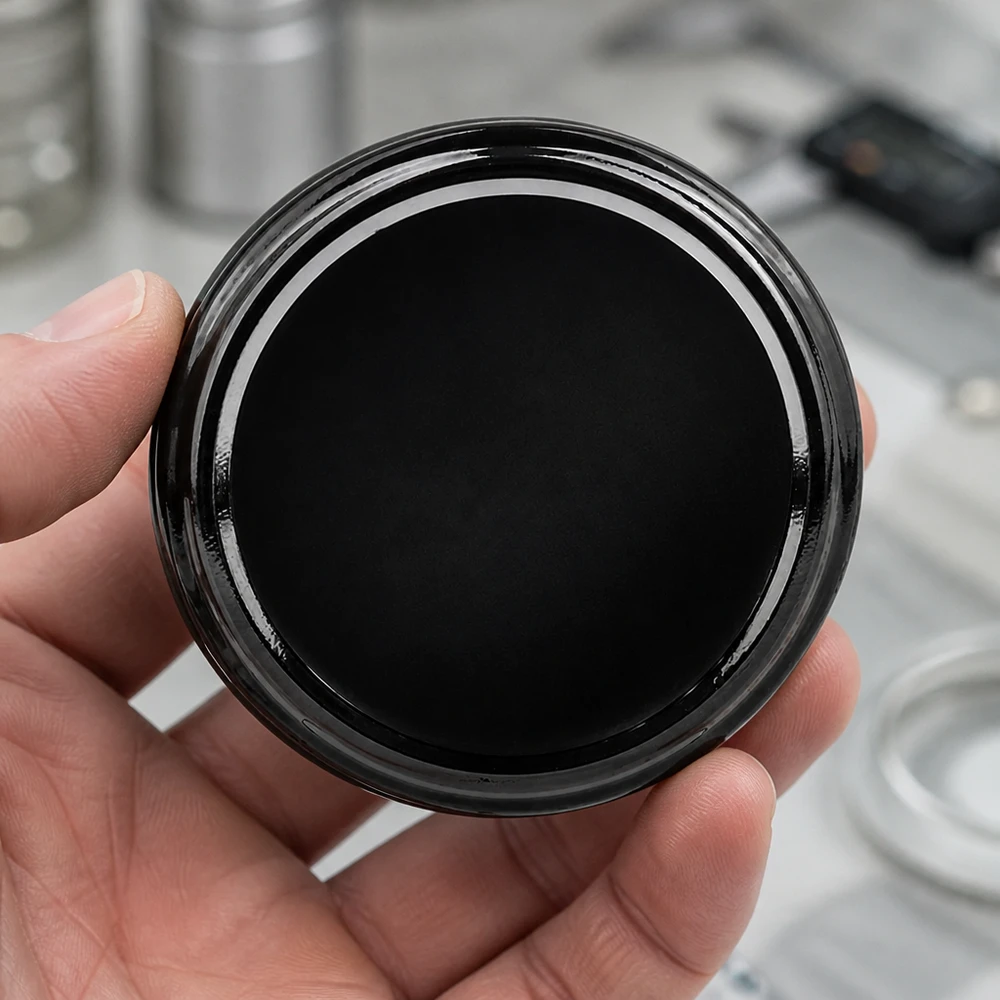 Nahaufnahme schwarzer Twist-Off-Deckel 63mm TO63 mattschwarze Versiegelungsfläche BasicSeal