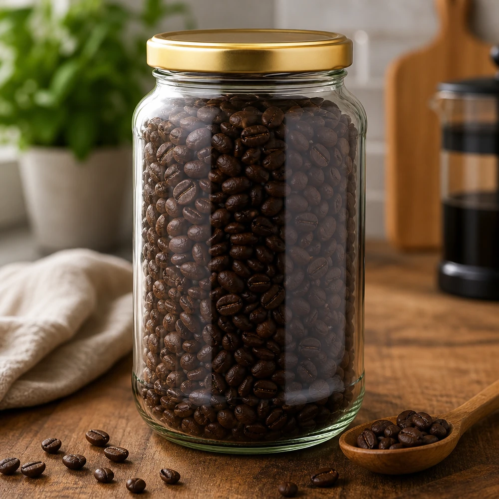1700ml Rundglas mit BasicSeal Deckel gold UNiTWIST 1700ml Rundglas mit goldenem BasicSeal Deckel gefüllt mit Kaffeebohnen auf Holzbrett in Küche zeigt Vorratshaltung