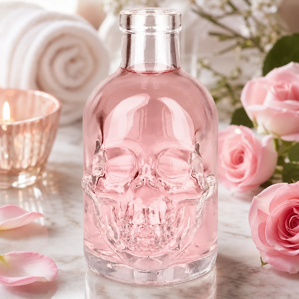 200ml Glasflasche Jack rosa Totenkopf Design Wellness Spa Ambiente mit Rosen und Kerze dekorativ inszeniert