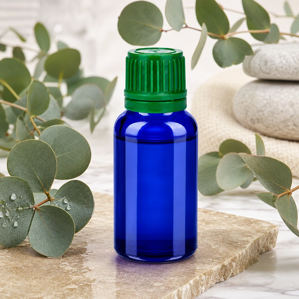 Elegante 20ml Glasflasche BlueLine Design mit kontrastreichem grünem Verschlusssystem