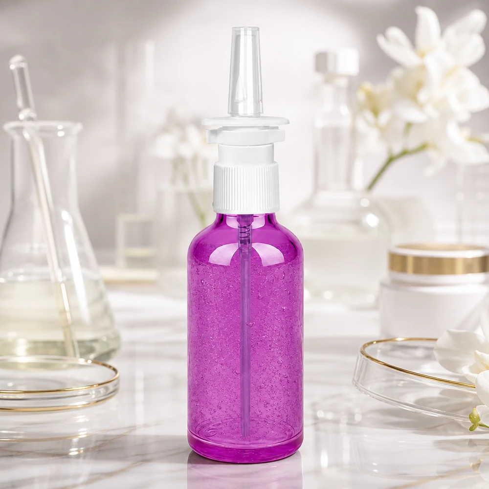 50ml Nasensprayflasche weiß/transparent Standard PurpleLine. UT18/50 Robuste 50ml Nasenspray-Flasche in Purple mit optimaler Füllmenge für Langzeitanwendung