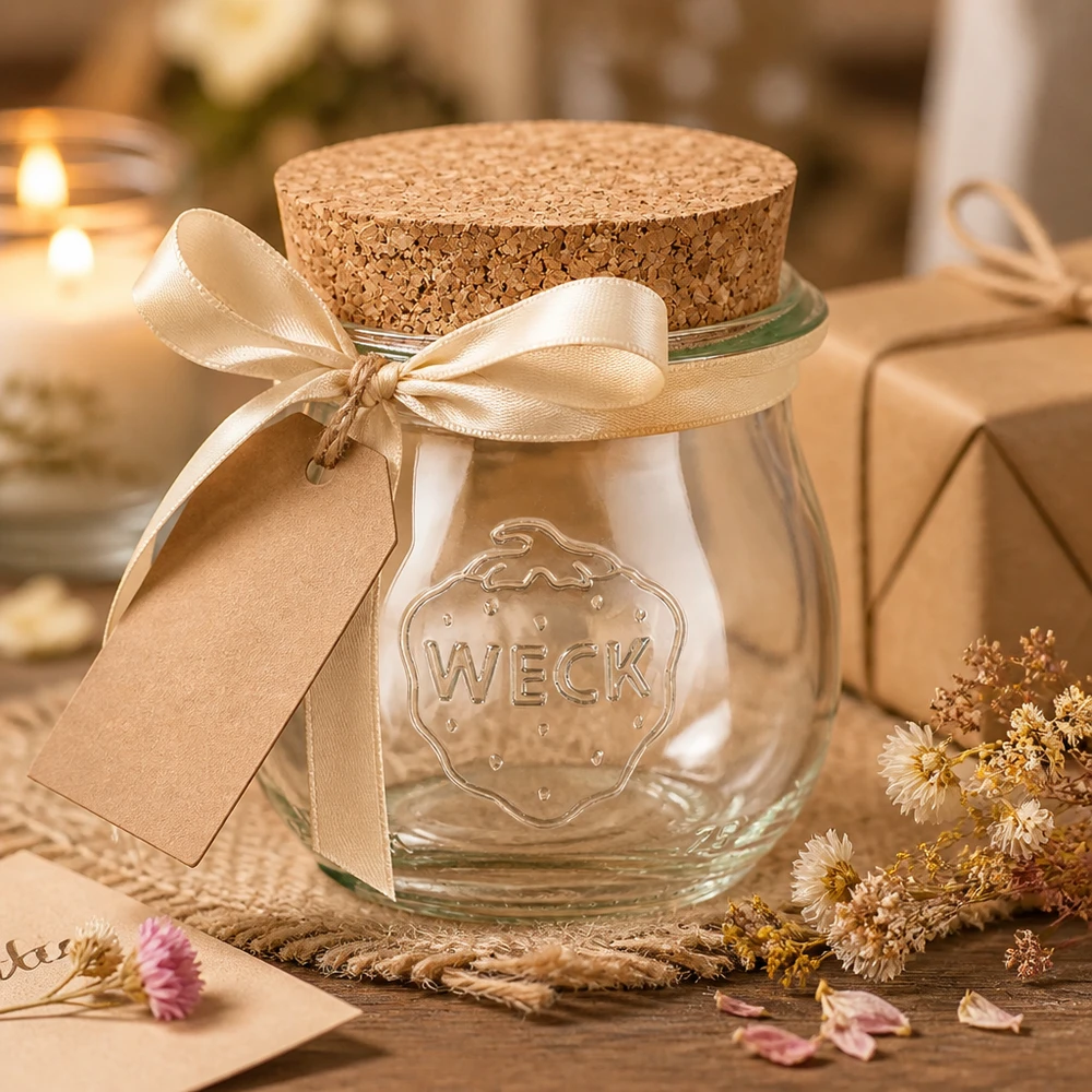 75ml Tulpenglas WECK RR40 mit Korken natur WECK Tulpenglas 75ml dekoriert mit Schleife und Geschenkanhänger als Geschenkidee mit Naturkorken Verschluss
