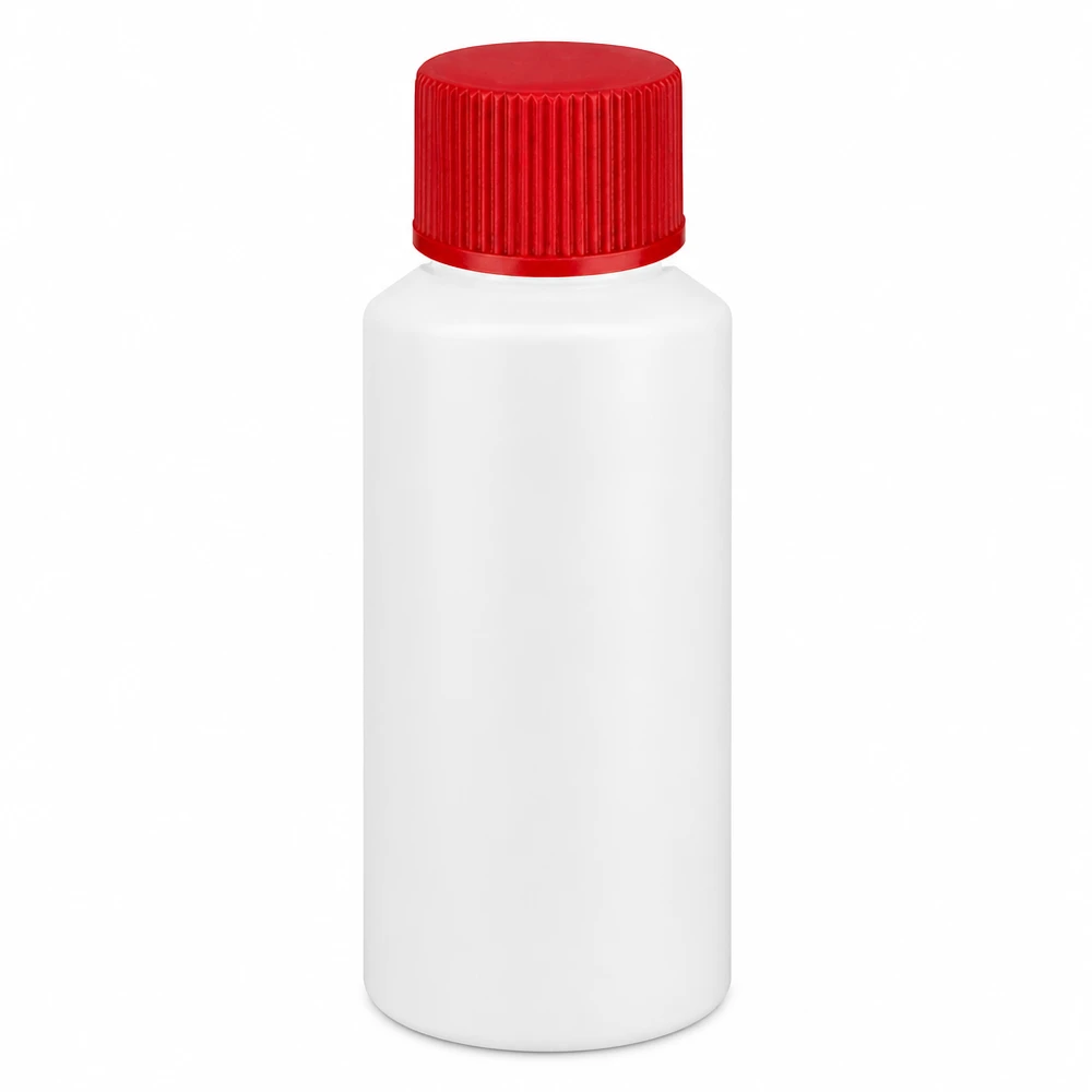 Weiße Medizinflasche 30ml mit geripptem rotem Schraubverschluss HDPE