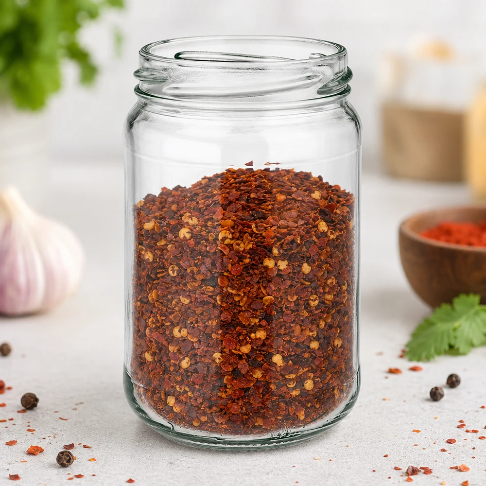 305ml Rundglas ohne Deckel (TO63) UNiTWIST UNiTWIST Runda305 Rundglas 305ml TO63 mit Chilliflocken gefüllt auf Küchenarbeitsplatte mit Gewürzen