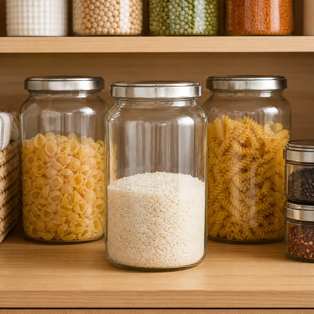 795ml Rundglas mit BasicSeal Deckel gefüllt mit Reis in organisierter Pantry neben Pasta und Gewürzen
