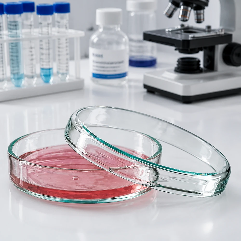 Petrischale aus Glas 70x15mm für Zellkulturen neben Reagenzflaschen und Labormikroskop
