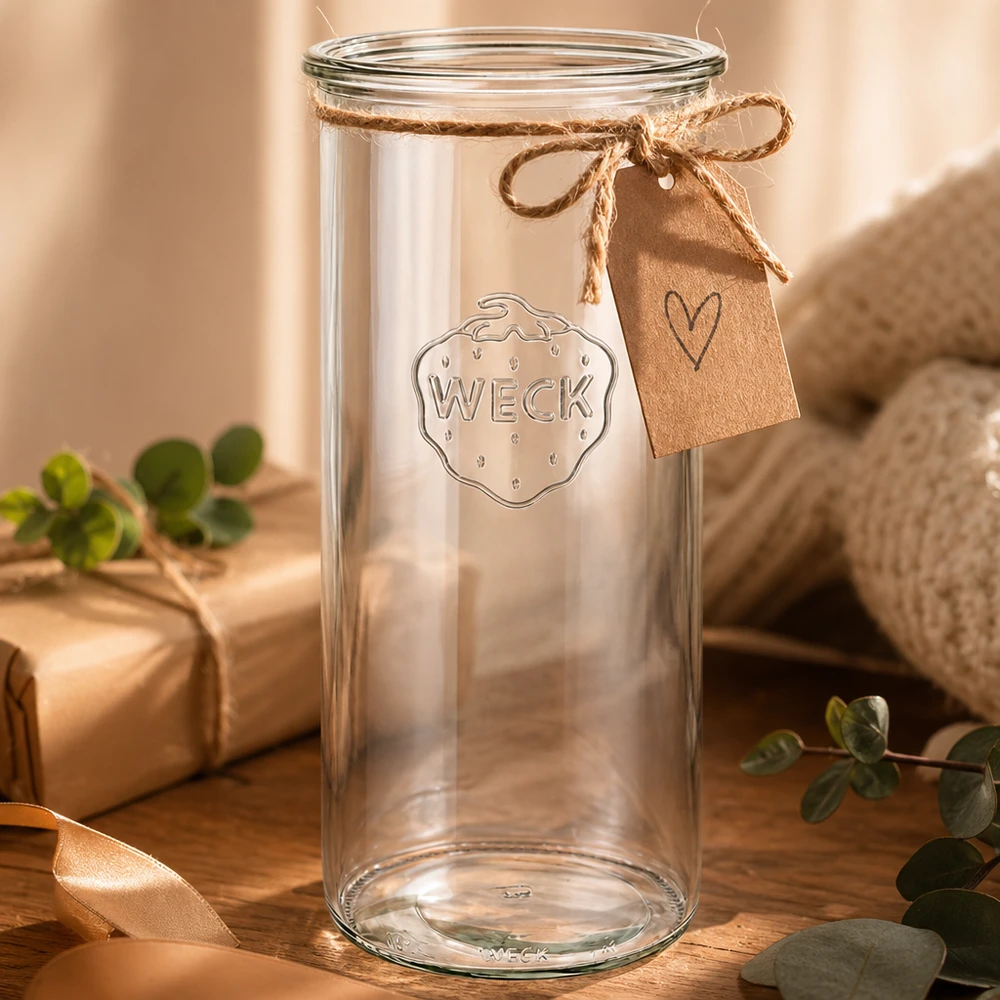 1500ml Sturzglas WECK RR100 WECK Sturzglas 1500ml RR100 mit Herzanhänger und Schleife auf Holztisch dekoriert mit grünen Pflanzen
