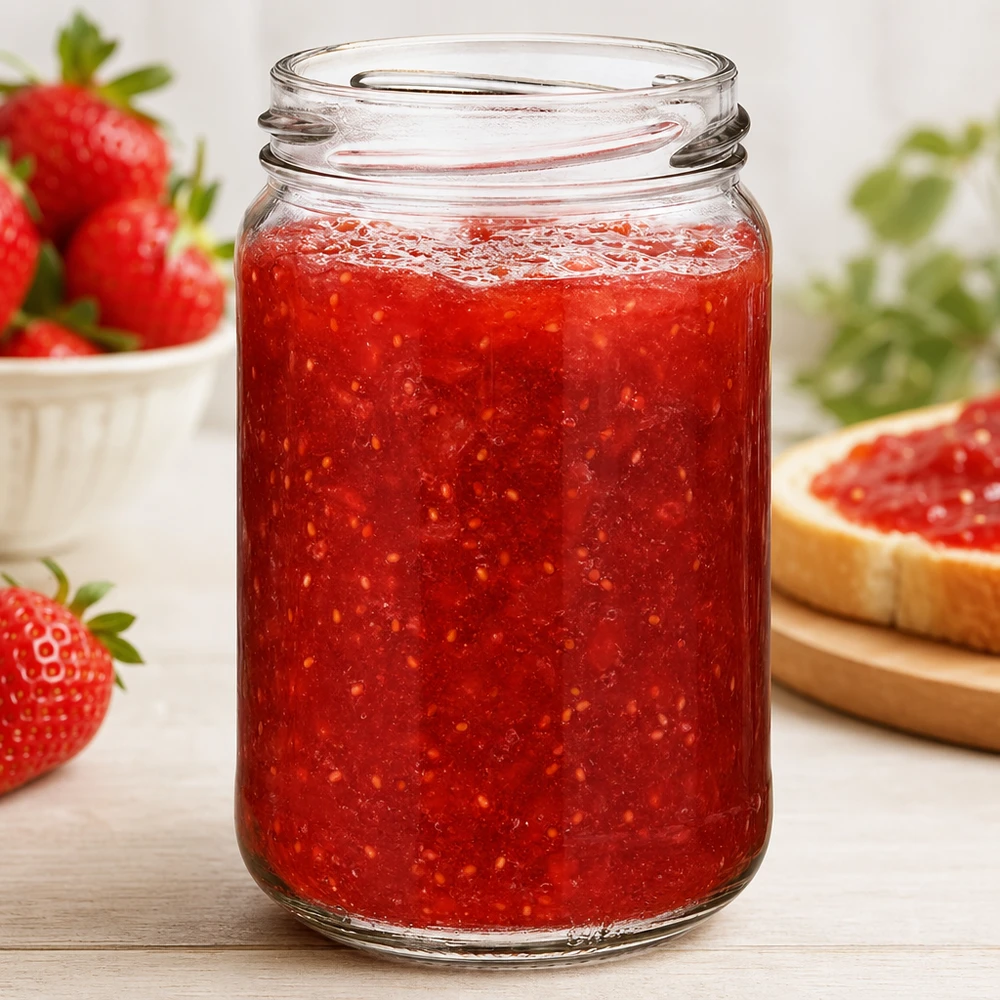 305ml Rundglas ohne Deckel (TO63) UNiTWIST UNiTWIST Runda305 Rundglas 305ml TO63 mit roter Erdbeermarmelade gefüllt, Einmachglas für Konfitüre und Aufstriche