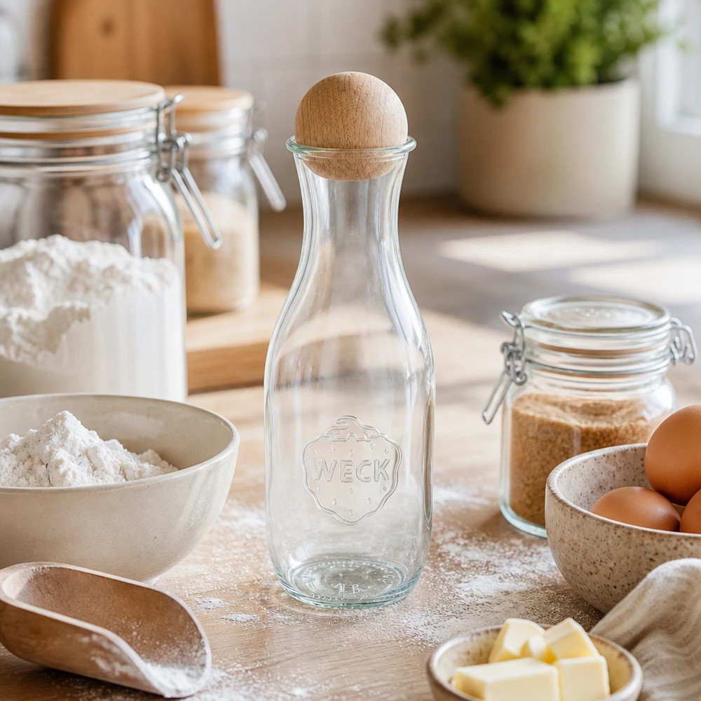 1062ml Saftflasche WECK RR60 mit Holzkugel Buche WECK Saftflasche 1062ml RR60 mit Holzkugel in Backküche zwischen Mehl Eiern Butter und Einmachgläsern auf Holzbrett