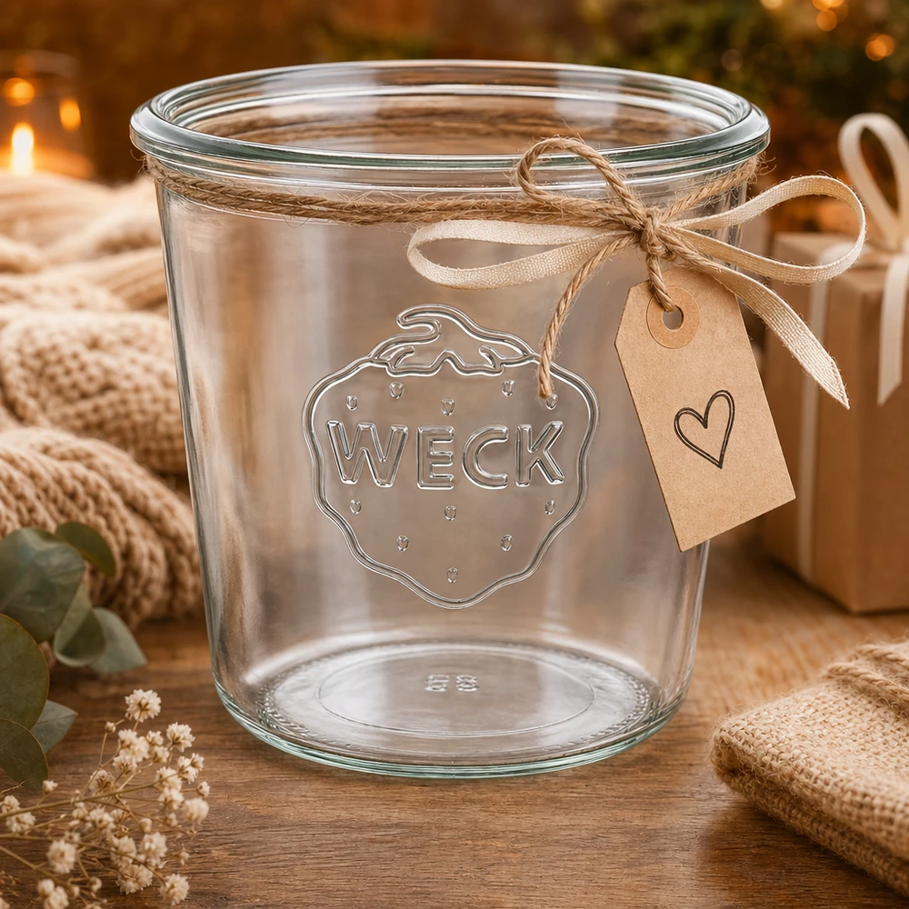 580ml Sturzglas WECK RR100 WECK Sturzglas 580ml RR100 aus Glas mit Reliefprägung und dekorativem Geschenkband auf Holztisch