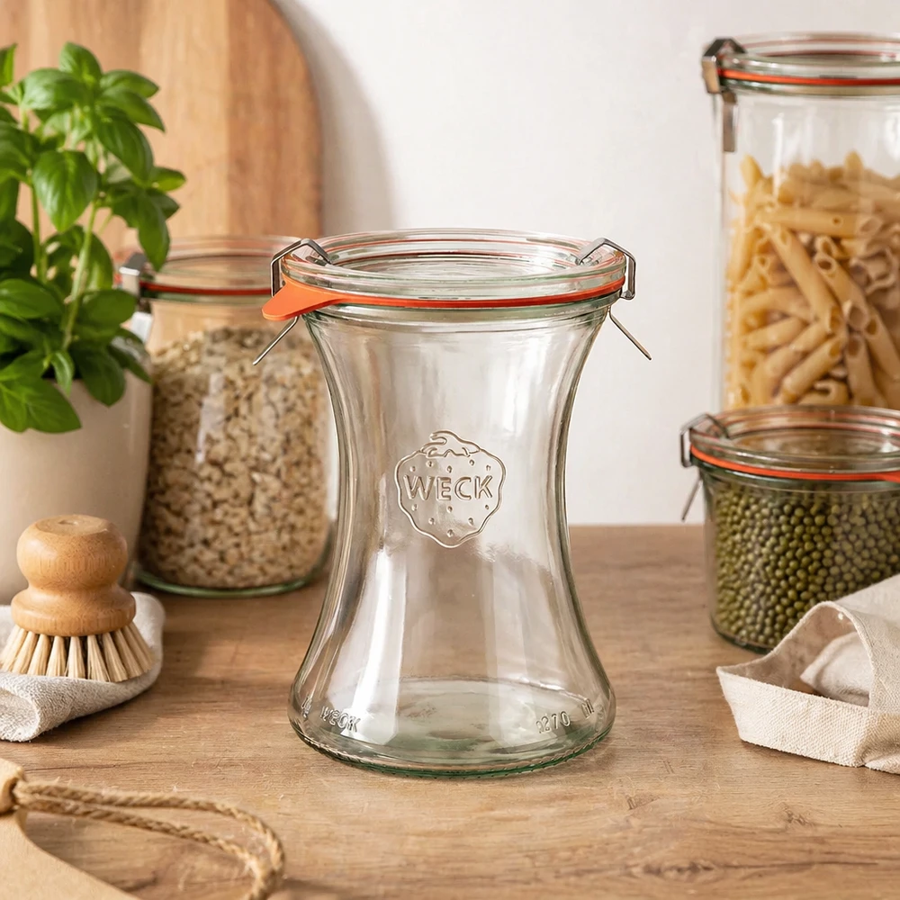 370ml Delikatessenglas komplett WECK RR80 WECK Delikatessenglas 370ml RR80 in Vorratsküche zwischen gefüllten Einmachgläsern mit Pasta Linsen Basil Pflanze