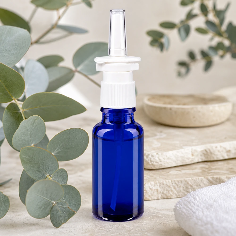 Blaue Apothekersprayflasche 20ml mit ergonomischem Nasenaufsatz auf rustikaler Steinunterlage