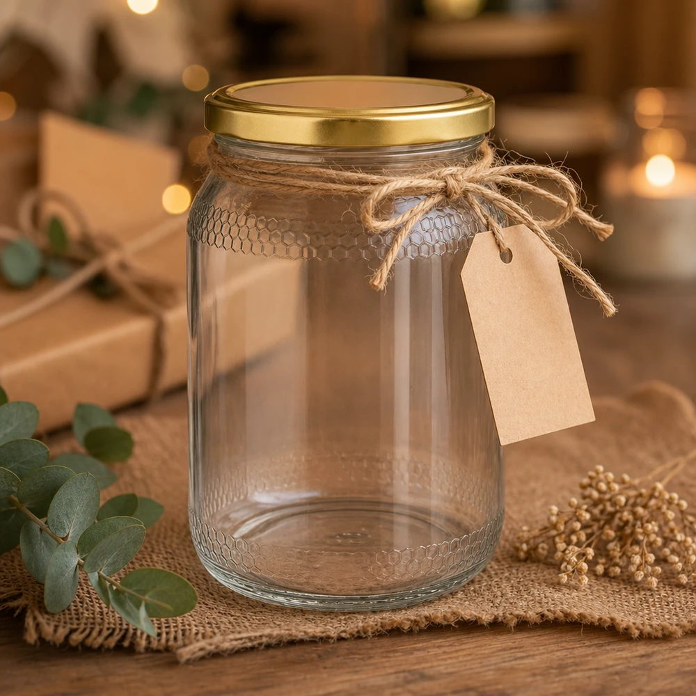 900ml Honigglas leer mit Juteschnur und Etikett - dekorative Präsentation mit goldenem UNiTWIST Deckel