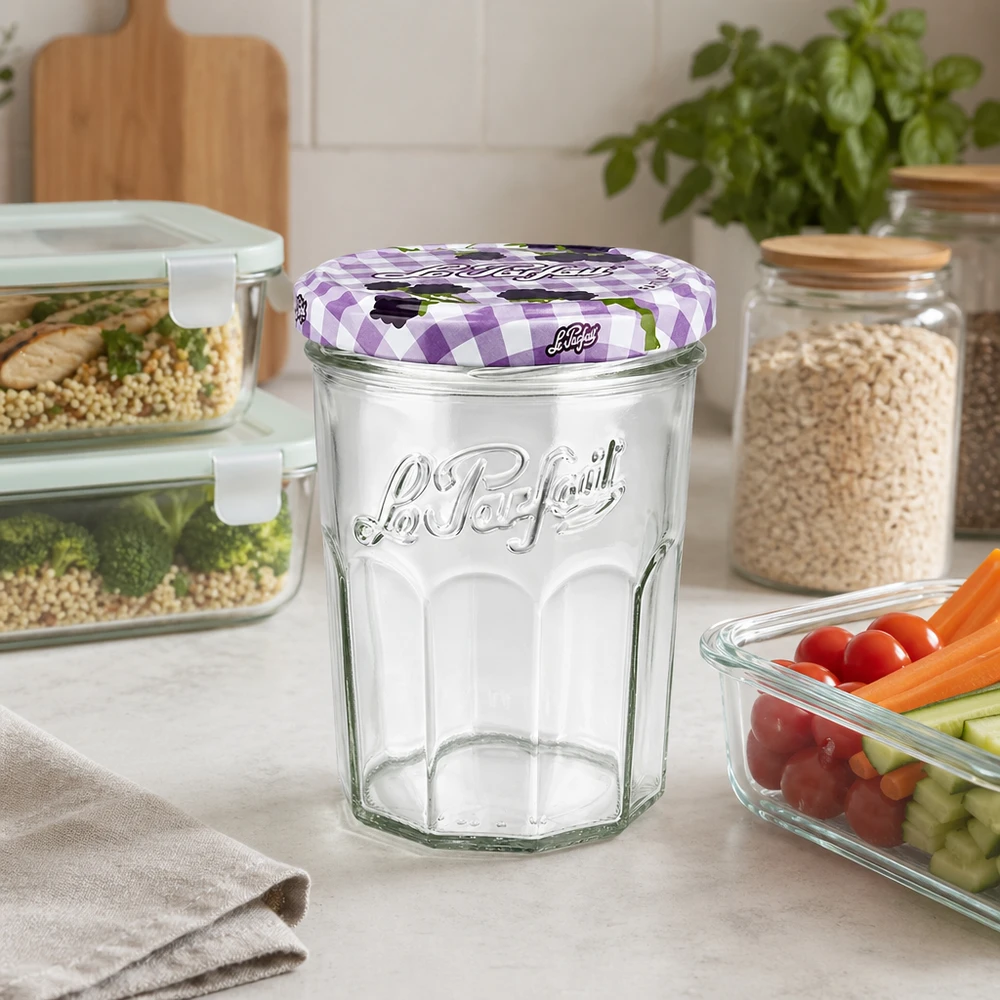 385ml Sturzglas "Jam" mit Schraubdeckel Le Parfait® Le Parfait Sturzglas 385ml in moderner Küche zwischen Vorratsgläsern und Gemüse als Aufbewahrungslösung
