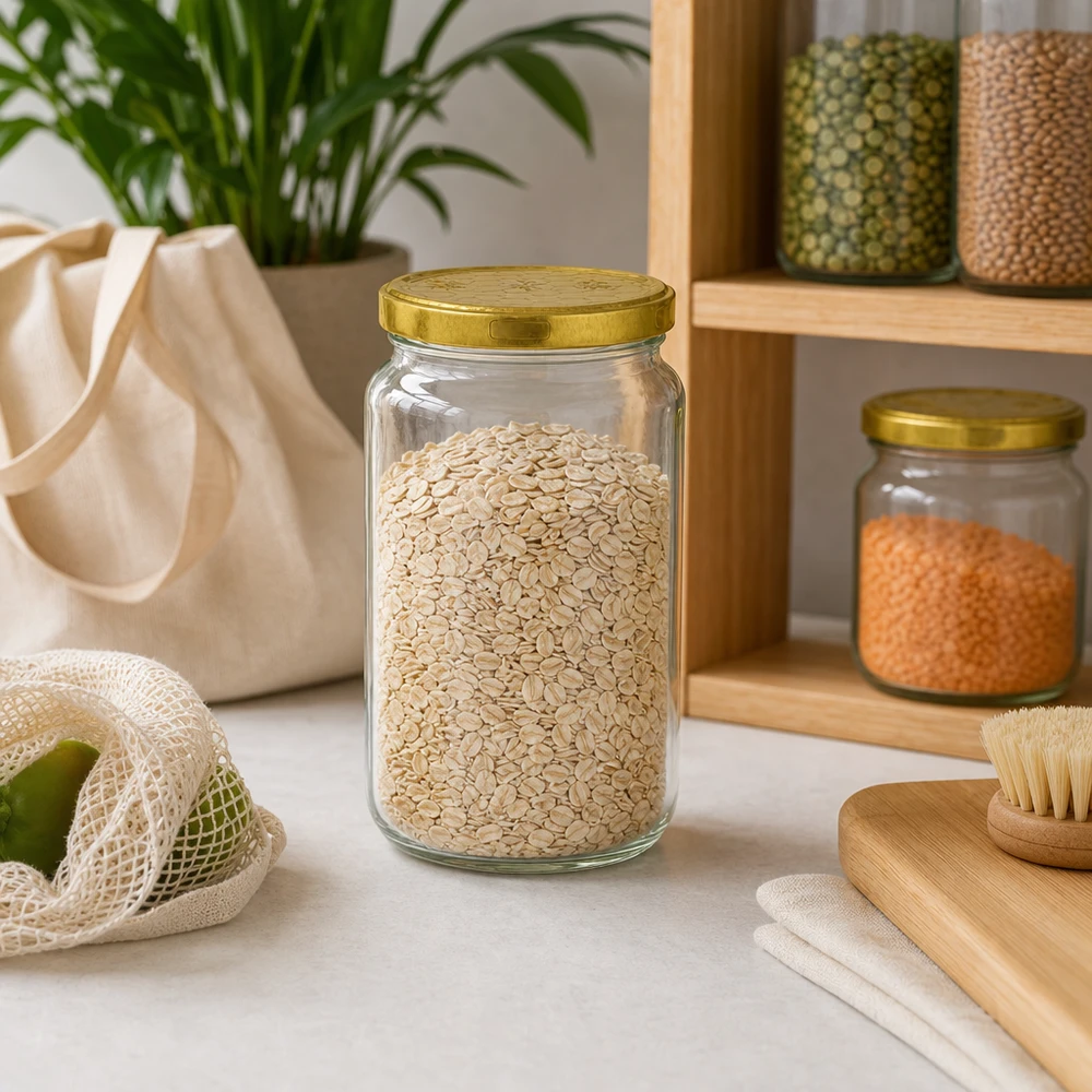 795ml Rundglas mit Haferflocken gefüllt in nachhaltiger Zero-Waste Küche mit Holzregal und Vorratsdosen