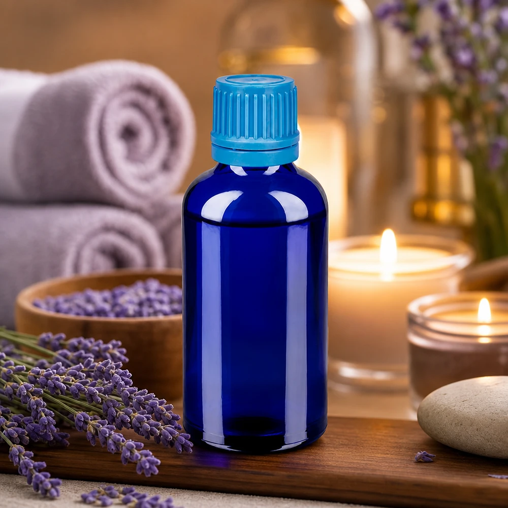 50ml Apothekerflasche in elegantem Blau mit zertifiziertem Sicherheitsverschluss DIN 18
