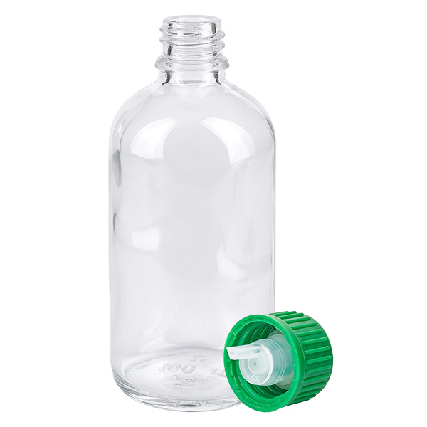 ClearLine UT18 Tropfflasche 100ml aus klarem Glas mit grünem geripptem Schraubdeckel