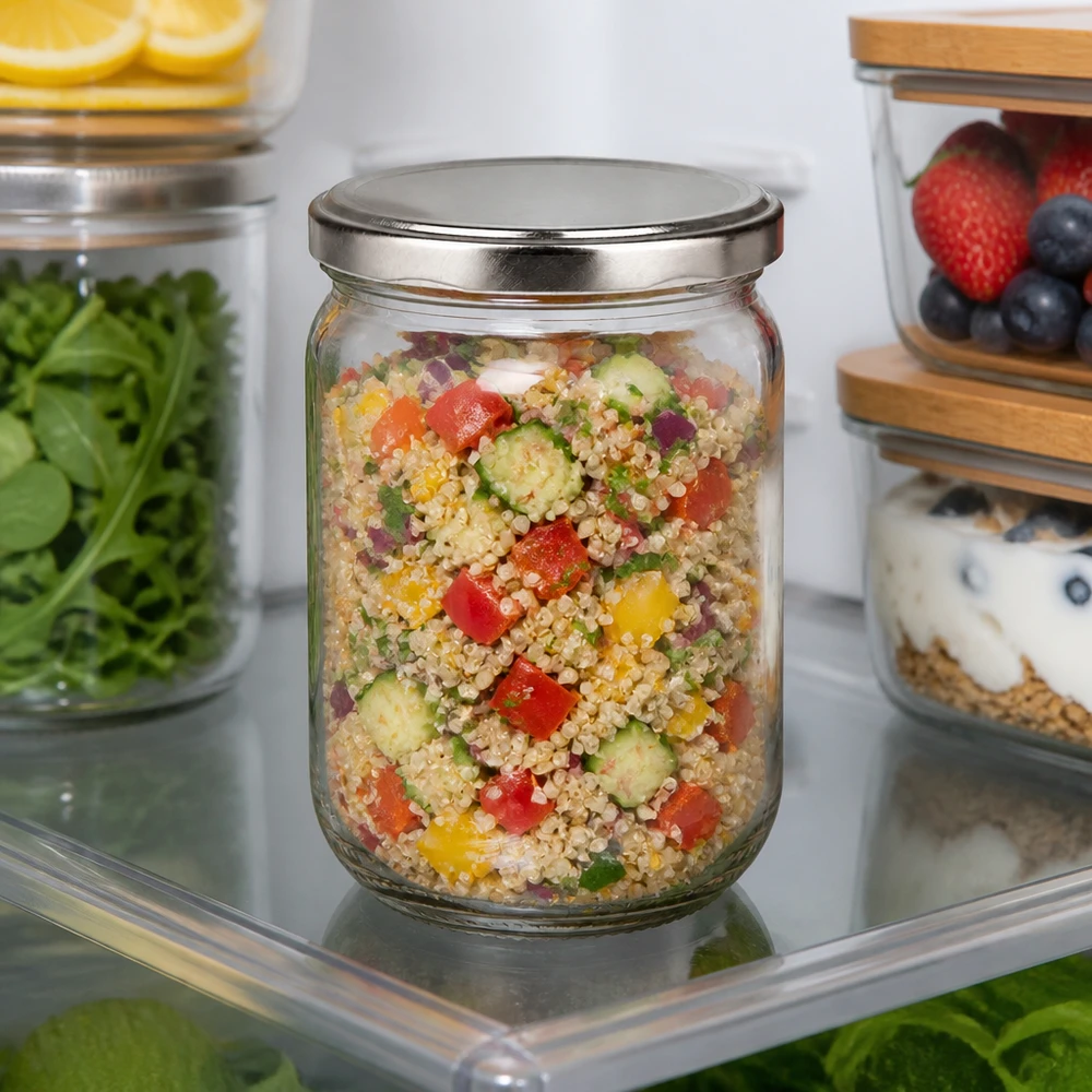 Meal Prep Glas 555ml mit silbernem Metalldeckel und frischem Quinoasalat befuellt