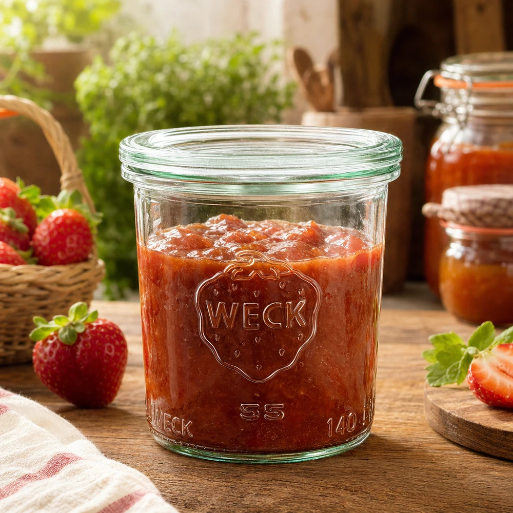 140ml Sturzglas mit Glasdeckel WECK RR60 WECK Einmachglas 140ml RR60 gefüllt mit Erdbeermarmelade auf Holztisch mit frischen Erdbeeren Dekoration