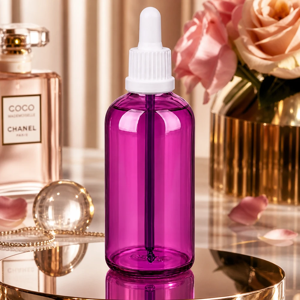 Purpurfarbene 100ml Glasflasche mit weißer Pipette für Laboranwendungen und Messungen