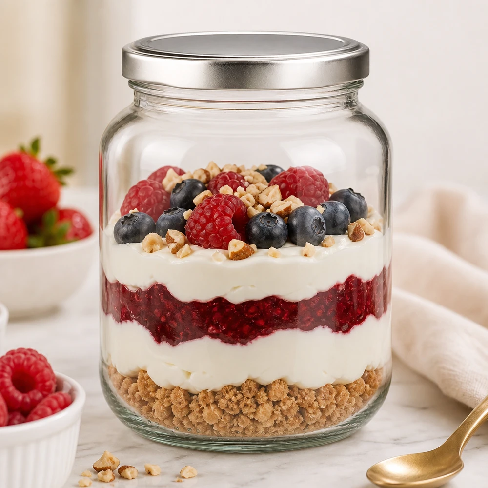 370ml Ovalglas mit BasicSeal Deckel silber UNiTWIST 370ml Ovalglas BasicSeal als stylischer Dessertbehälter für geschichtetes Beerentrifle mit Joghurt und Nüssen