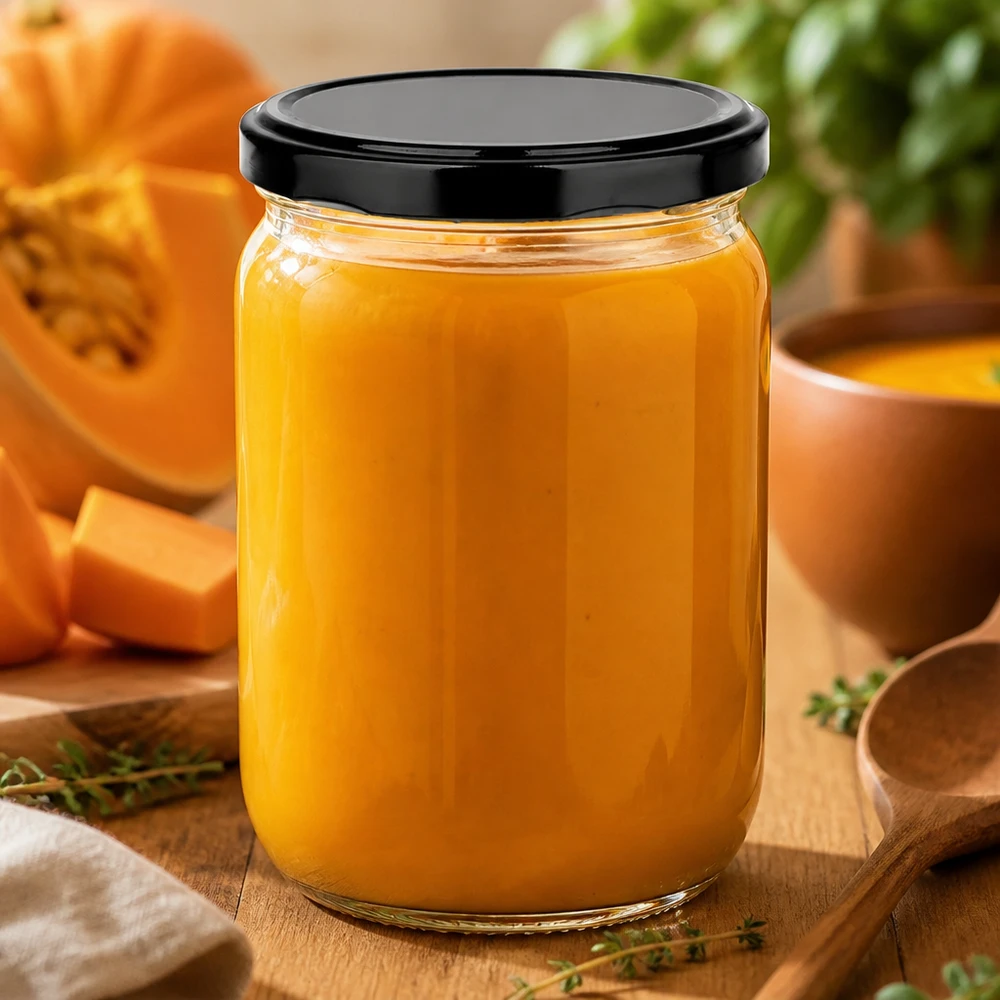555ml Rundglas mit luftdichtem BasicSeal Deckel schwarz gefüllt mit orangefarbenem Püree