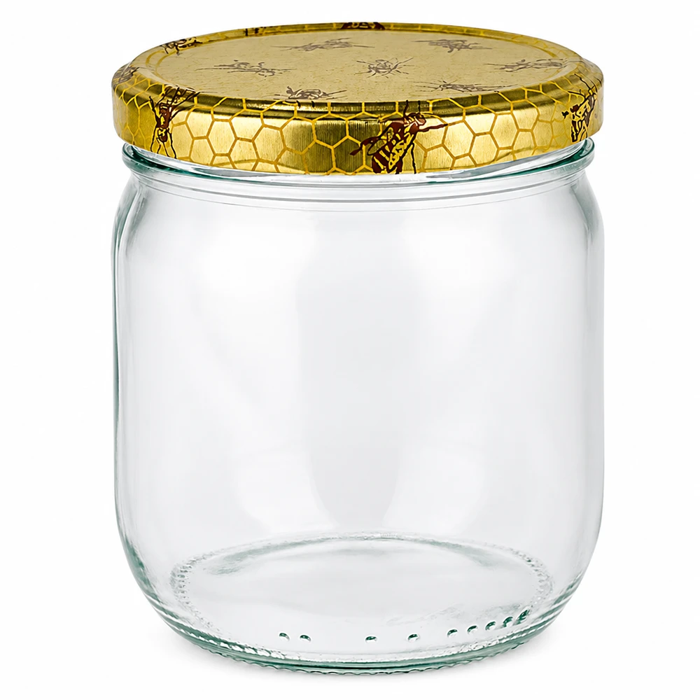 500g Honigglas mit Bienenwabe Deckel BasicSeal UNiTWIST Leeres 500g Honigglas mit goldenem Bienenwaben-Schraubdeckel für Imkerei und Honigabfüllung