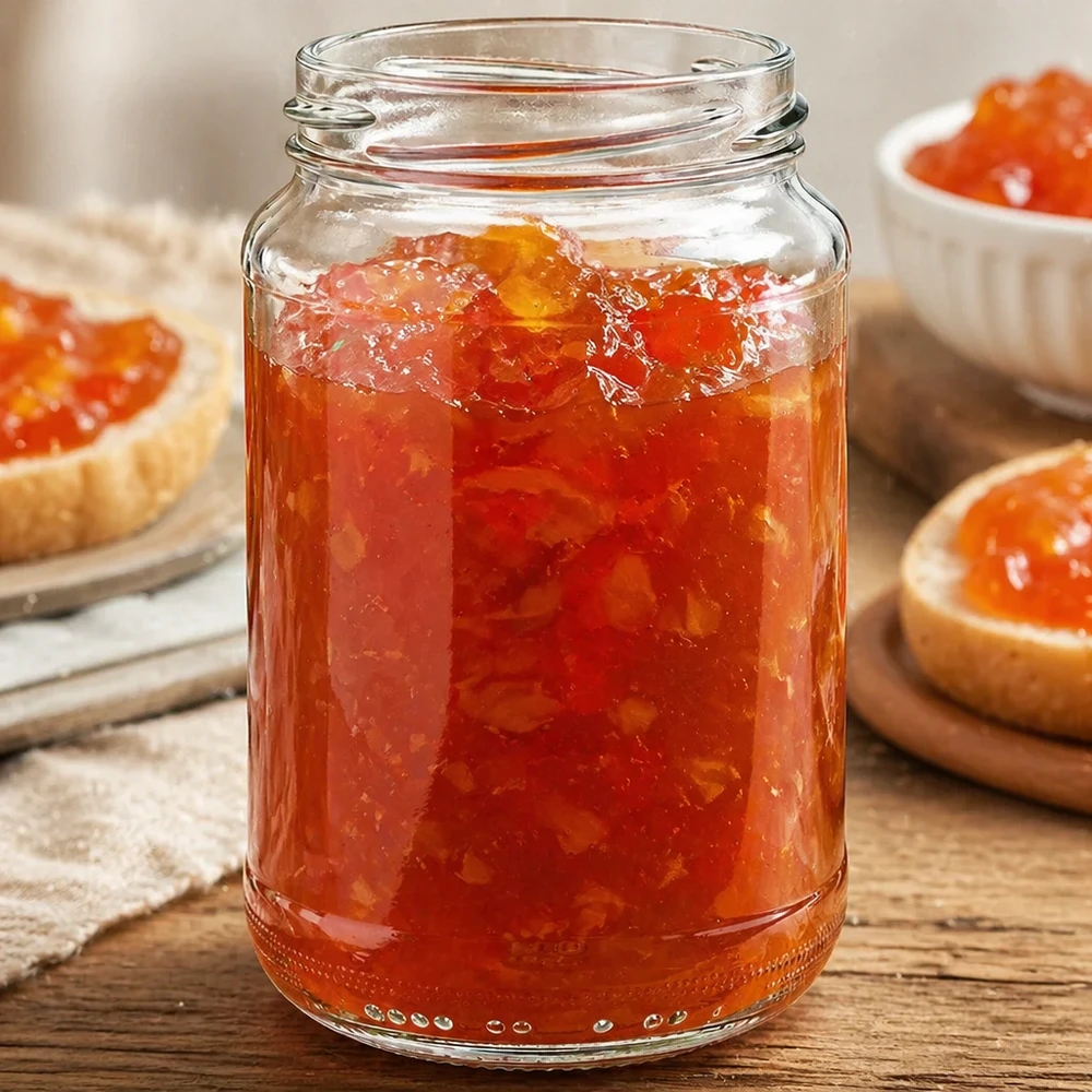 375ml Rundglas ohne Deckel (TO63) UNiTWIST UNiTWIST Runda375 Rundglas 375ml gefüllt mit hausgemachter Orangenmarmelade auf Holztisch neben Marmeladenbrot