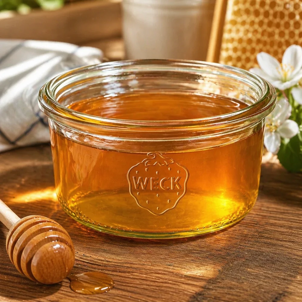 165ml Sturzglas WECK RR80 165ml WECK Sturzglas RR80 mit Honig gefüllt auf Holztisch mit Honiglöffel und Bienenwabe im Hintergrund