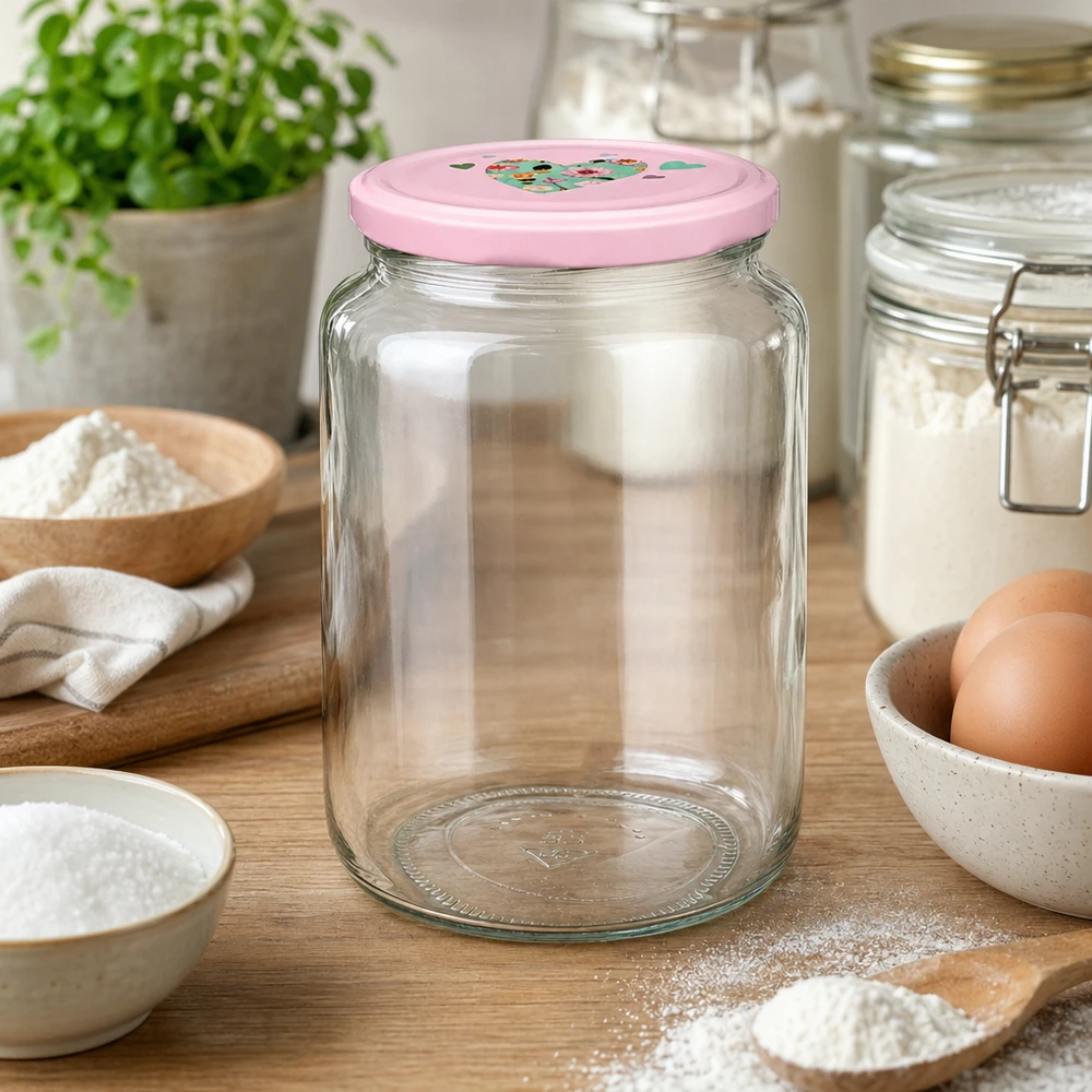 795ml Rundglas + BasicSeal Deckel Herz rosa UNiTWIST Leeres Rundglas 795ml mit rosa BasicSeal Deckel in Küchenszenerie zwischen Backzutaten Mehl und Eiern auf Holzbrett