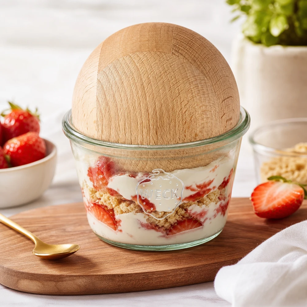 370ml Sturzglas WECK RR100 mit Holzkugel Buche WECK Sturzglas 370ml RR100 mit Erdbeerdessert gefüllt Buchenkugel Deckel Schichtdessert Nachspeise servieren