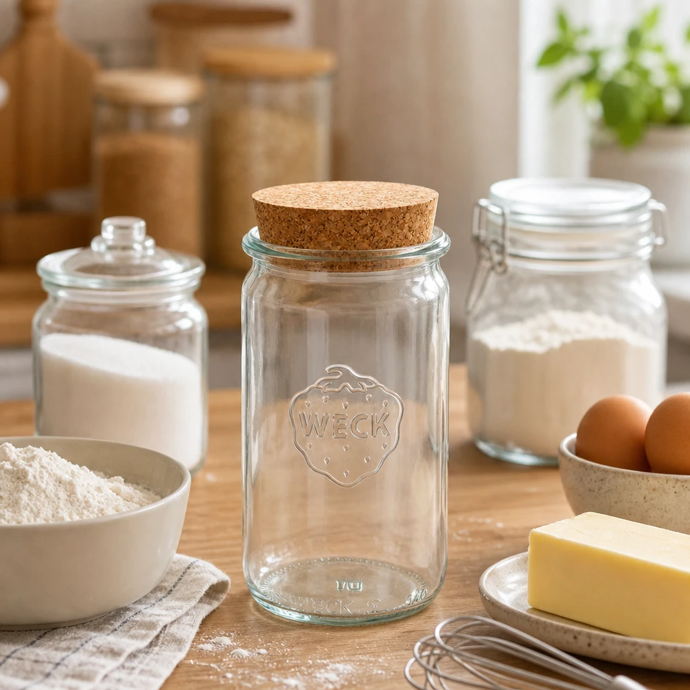 340ml Zylinderglas WECK RR60 mit Korken natur WECK Einmachglas 340ml RR60 mit Korken zwischen Backzutaten Mehl Butter Eiern als praktisches Küchen Vorratsglas