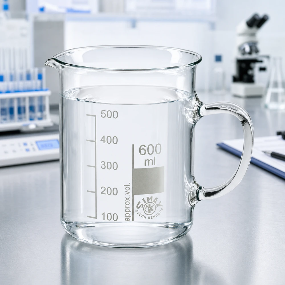 Becherglas 600ml Borosilikatglas, mit Henkel Becherglas 600ml mit ergonomischem Glashenkel für sicheres Greifen im professionellen Laboreinsatz