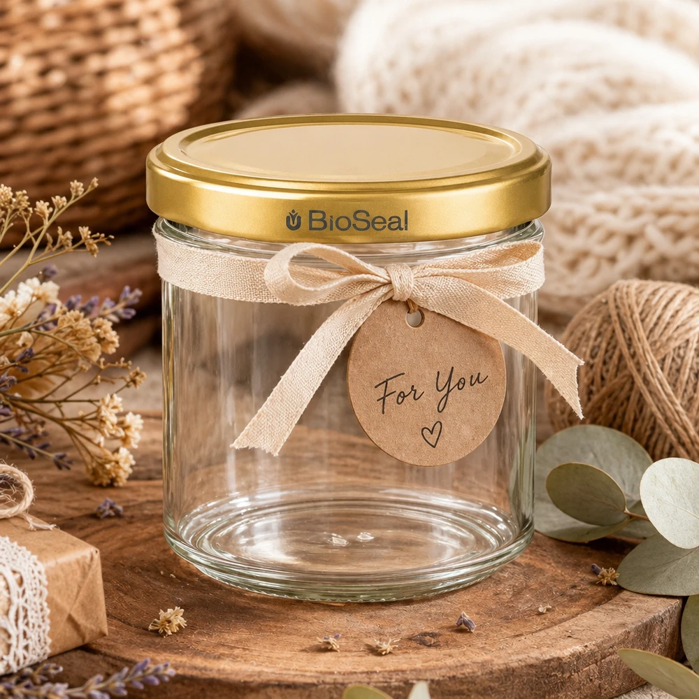 200g Honigglas mit goldenem Deckel BioSeal UNiTWIST 200g Honigglas leer BioSeal goldener Deckel als Geschenk dekoriert mit Schleife und For You Anhänger