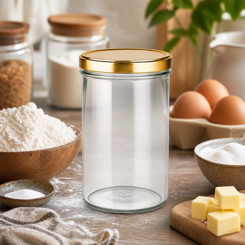 277ml Sturzglas mit BasicSeal Deckel gold UNiTWIST 277ml Sturzglas mit goldenem Deckel in Küche mit Backzutaten Mehl Eier Butter als Vorratsglas für Backen