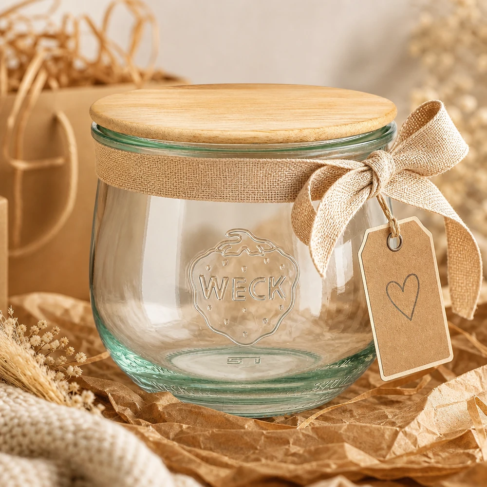 370ml Tulpenglas WECK RR80 mit Holzdeckel WECK RR80 370ml Tulpenglas als Geschenkverpackung mit Juteschleife und Anhänger auf natürlichen Dekormaterialien