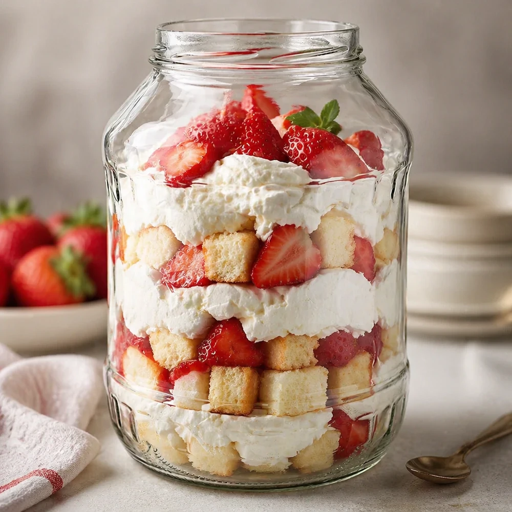 2650ml Rundglas ohne Deckel (TO100) UNiTWIST UNiTWIST Runda2650 Sturzglas 2650ml mit Schichtdessert aus Erdbeeren Sahne und Kuchenstücken TO100 Gewinde Dessertglas
