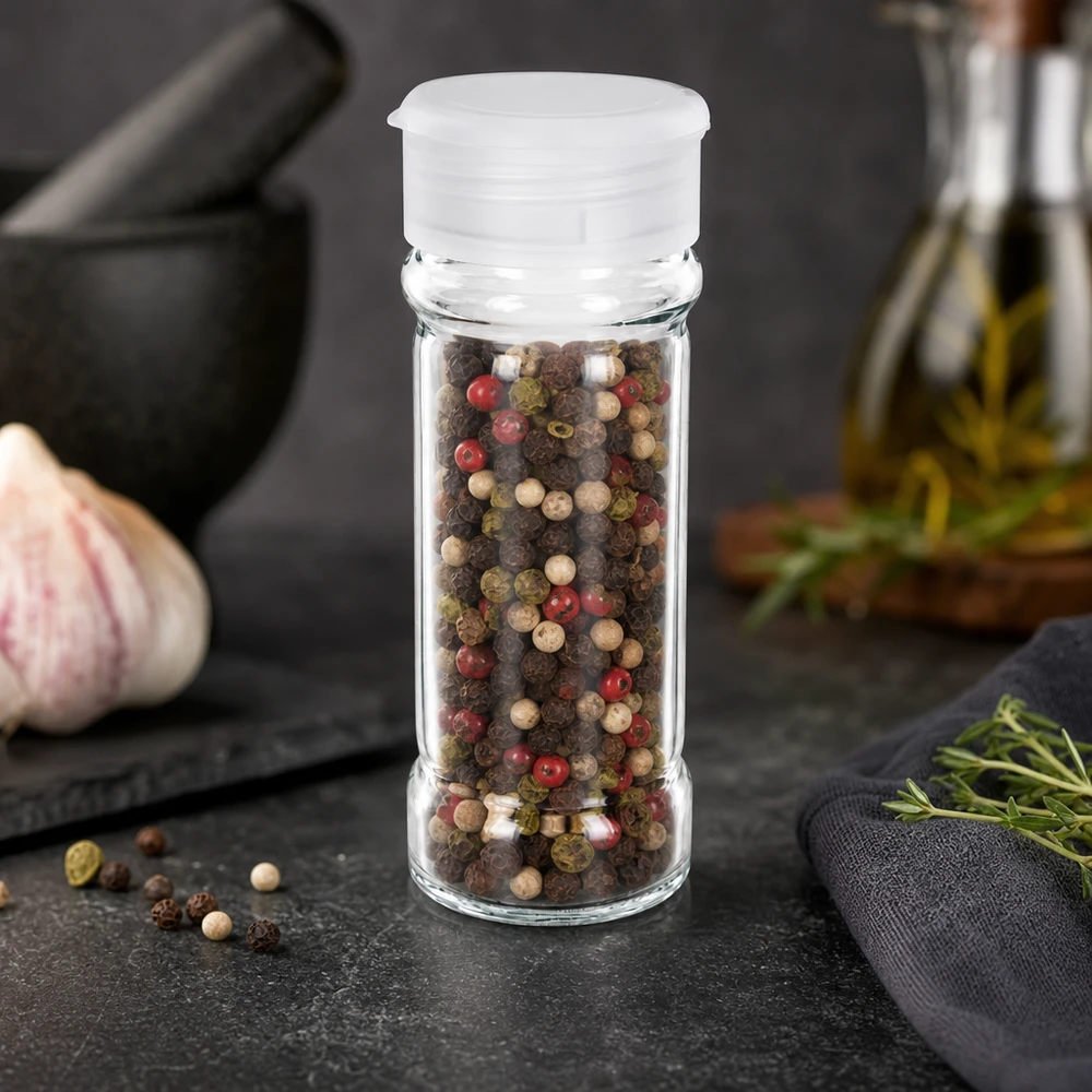 Salz-/Gewürzglas 100ml mit Streuer weiss Gewürzglas 100ml aus klarem Glas mit weißem Streueraufsatz und buntem Pfeffermix