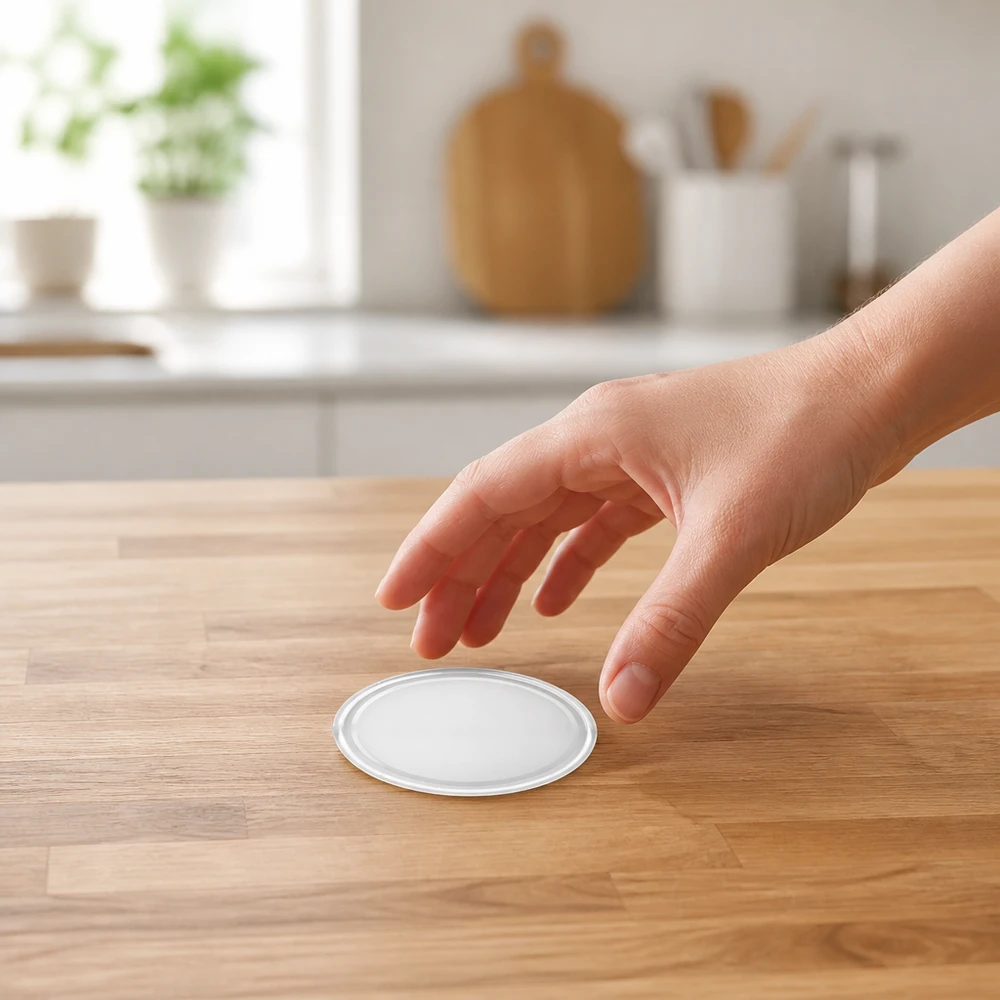 BasicSeal Verschlussdeckel weiss 66mm TO66 UNiTWIST wird von Hand auf Küchentisch aufgenommen