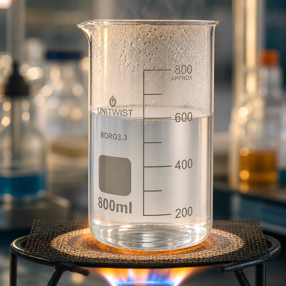 Becherglas 800ml Borosilikat, hohe Form UNiTWIST Becherglas hohe Form 800ml aus BORO3.3 Glas auf Laborbrenner mit 600ml Füllstand klarem Wasser