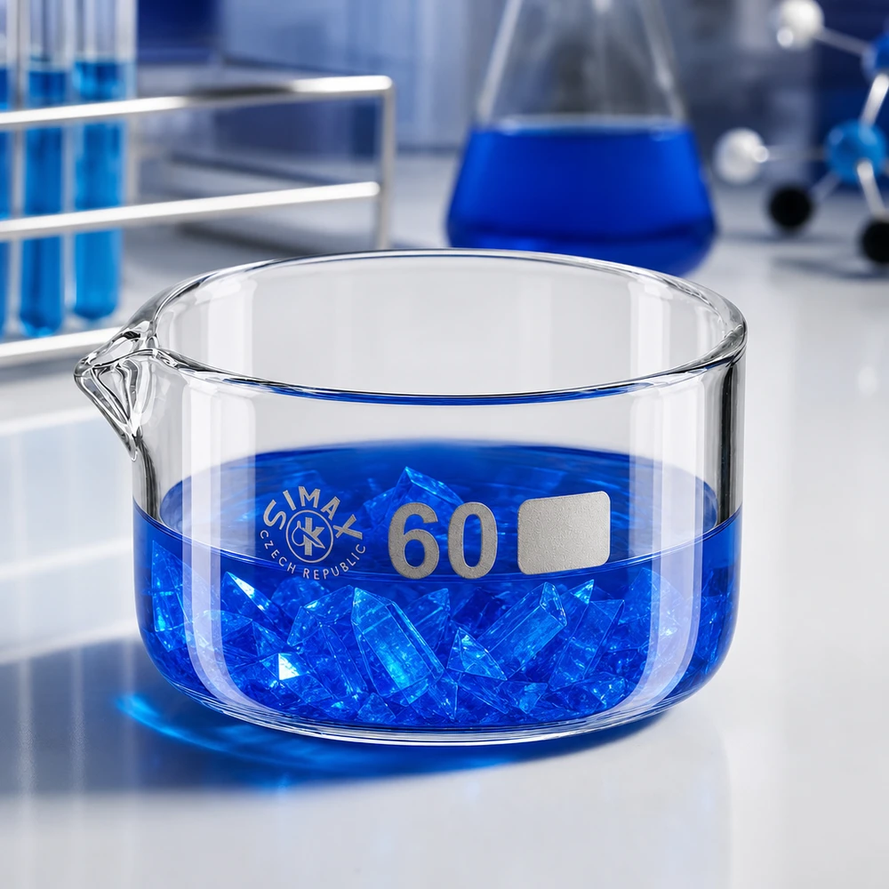 Laborschale 60ml Kristallisation blau Ausguss Glasgefäß niedrige Bauform Simax Czech Republic