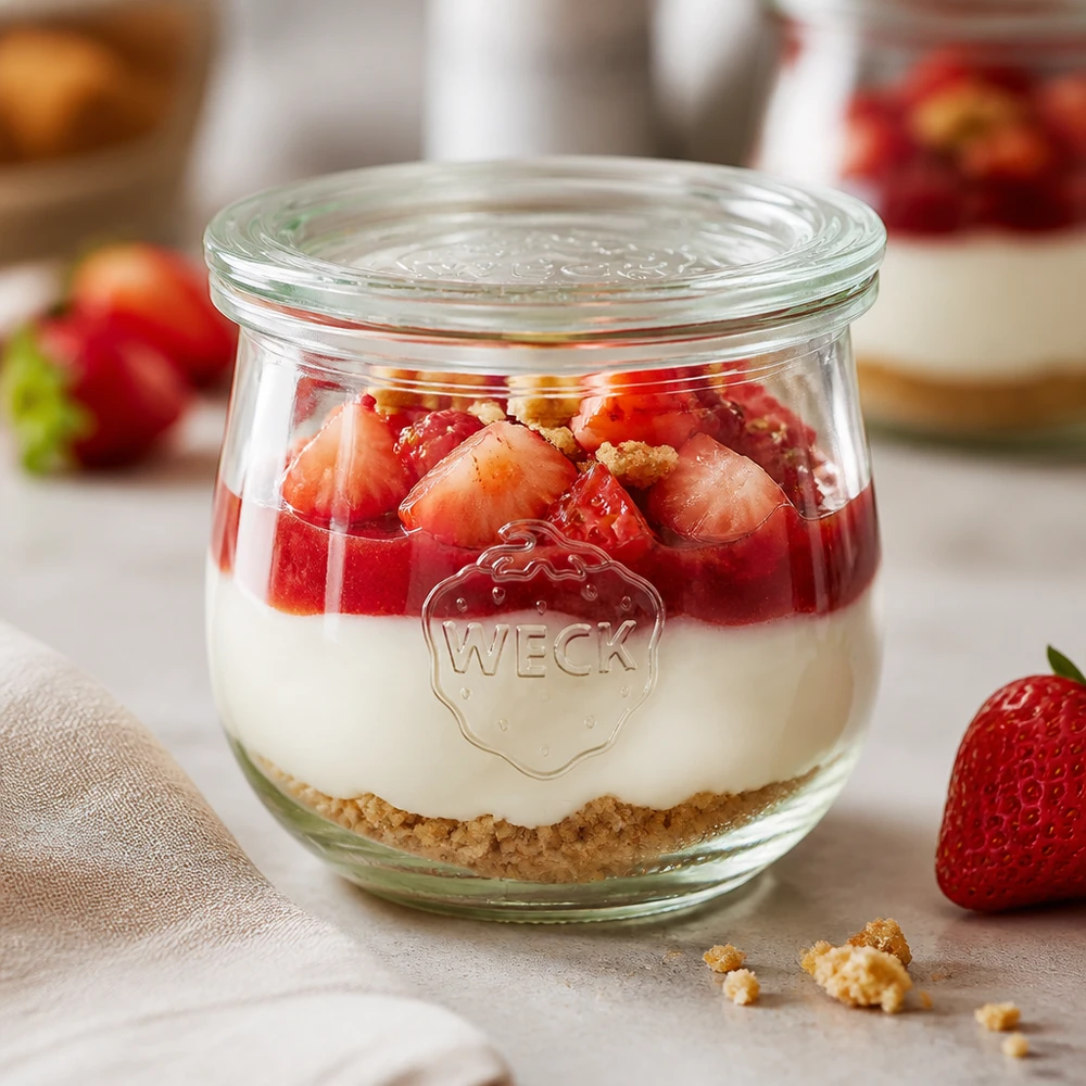 370ml Tulpenglas mit Glasdeckel WECK RR80 WECK Tulpenglas 370ml RR80 mit geschichtetem Erdbeer-Dessert und Keksboden als Nachspeise im Glas serviert