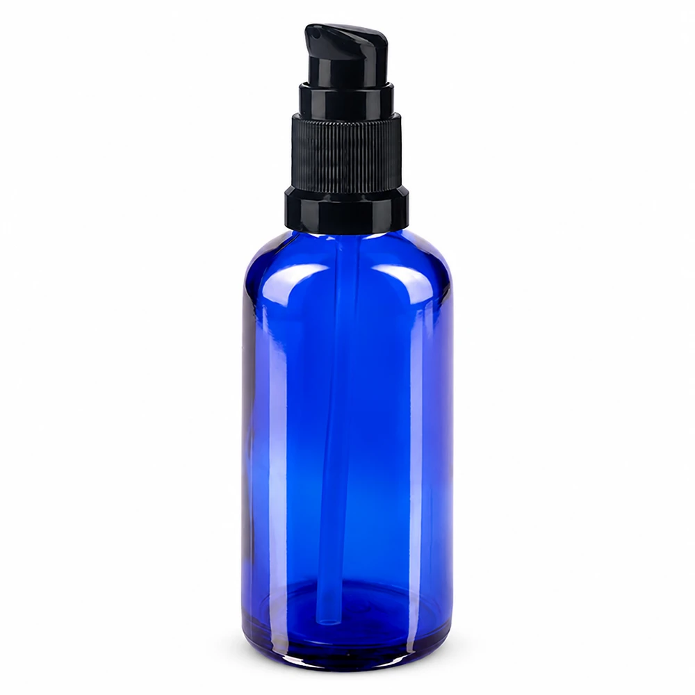 Hochwertige 50ml Pumpflasche aus blauem UV-Schutzglas mit schwarzem Aufsatz