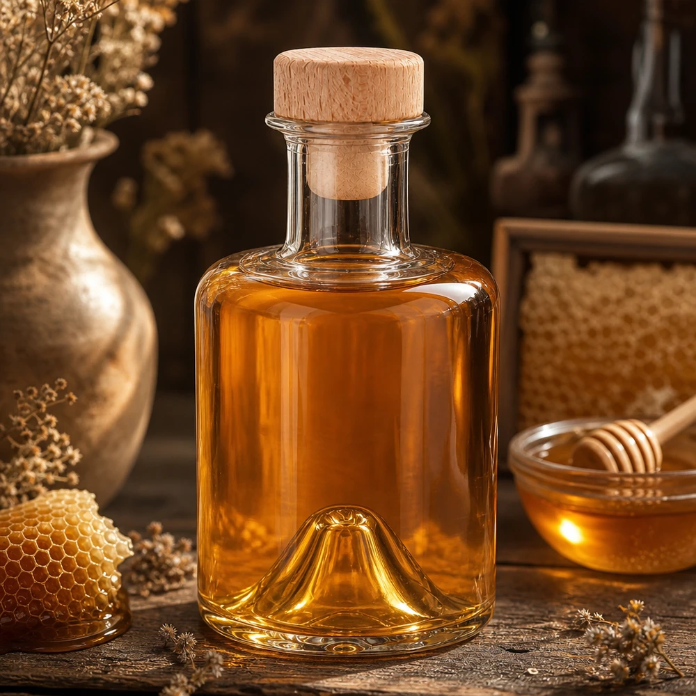 200ml Glasflasche "Sofia" mit Holzgriff-Korken UNiTWIST 200ml Glasflasche Sofia mit Holzkorken gefüllt mit Honig in rustikaler Küche neben Bienenwabe und Honigtopf