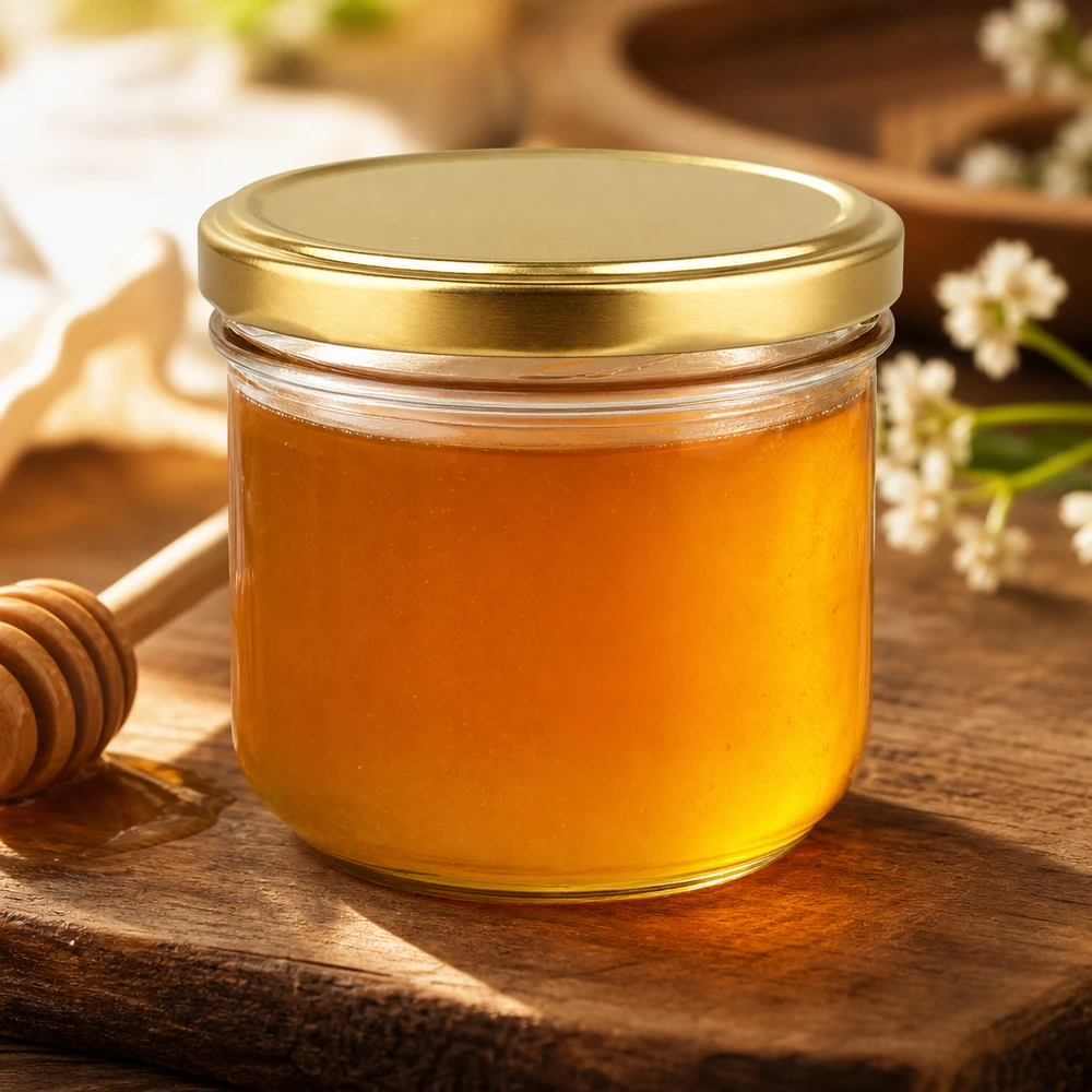 260ml Sturzglas mit BasicSeal Deckel gold gefüllt mit Honig neben Honiglöffel auf rustikalem Holztisch