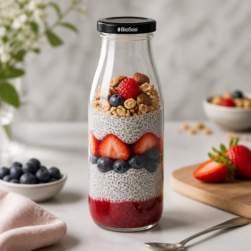 500ml Glasflasche mit Chia Pudding Schichtdessert gefüllt - Beeren Nüsse und BioSeal Deckel für gesunde Mahlzeiten